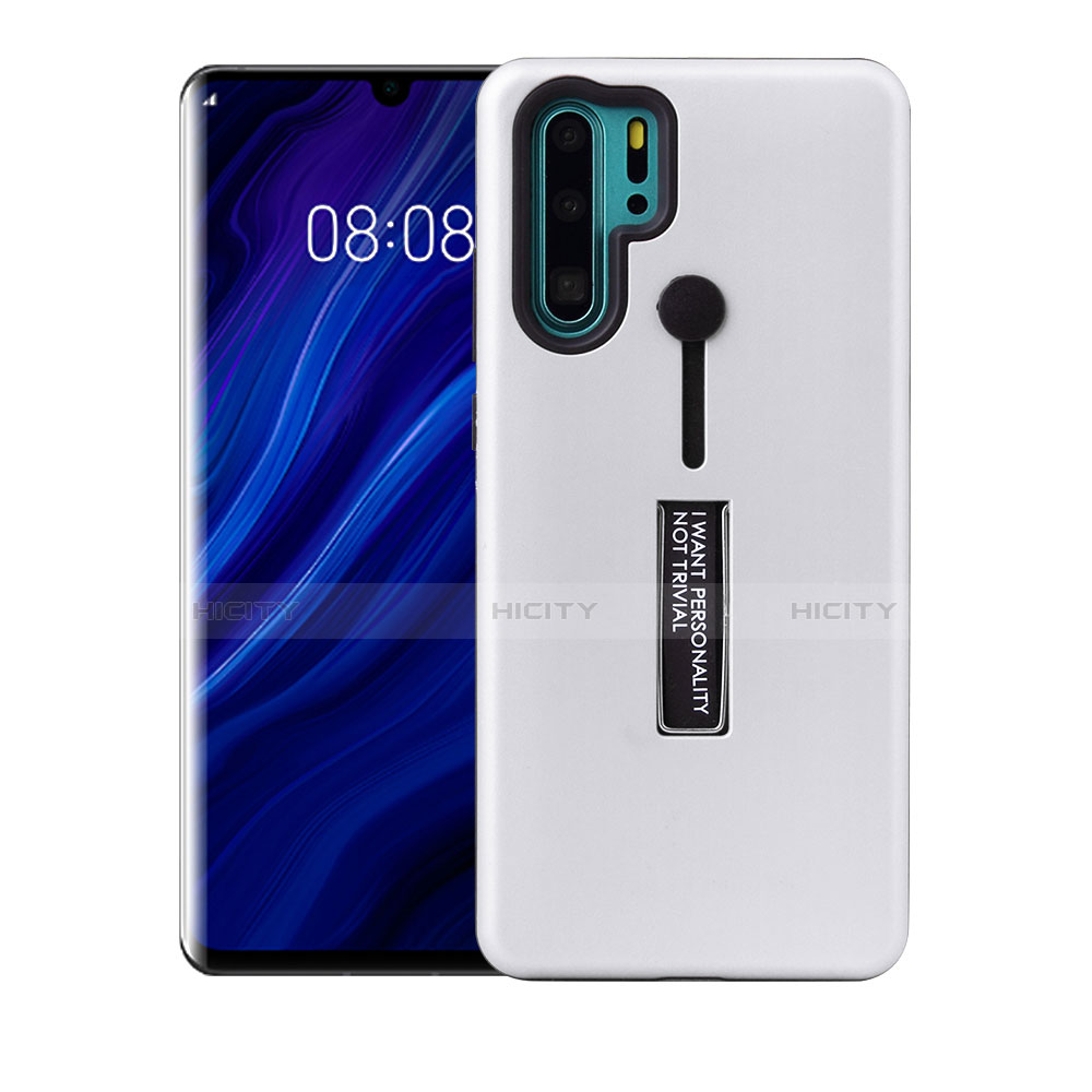 Silikon Hülle Handyhülle und Kunststoff Schutzhülle Tasche mit Ständer T01 für Huawei P30 Pro New Edition Weiß