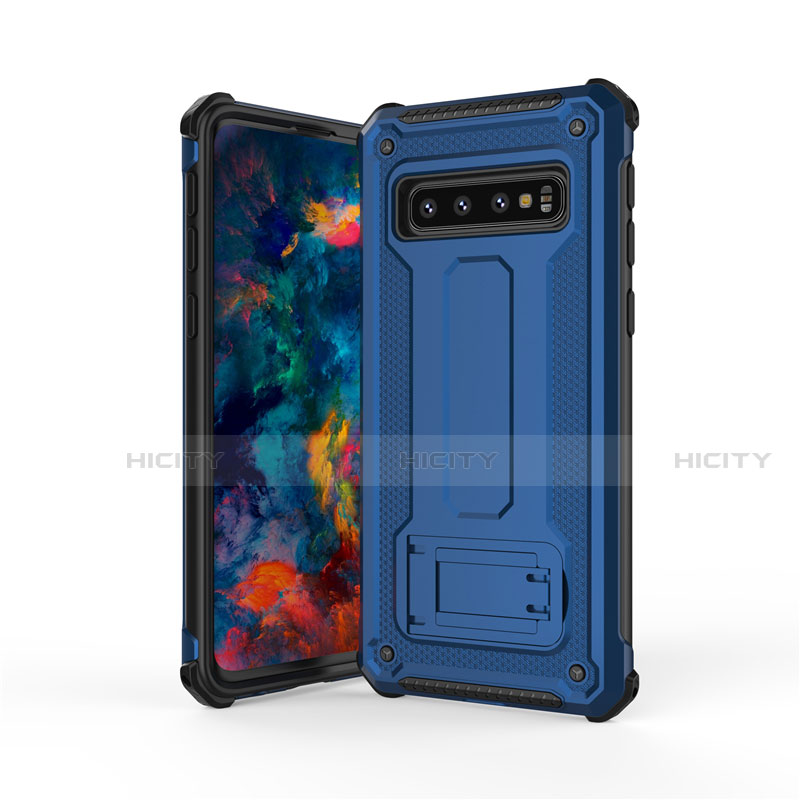 Silikon Hülle Handyhülle und Kunststoff Schutzhülle Tasche mit Ständer T01 für Samsung Galaxy S10 5G Blau und Schwarz Plus