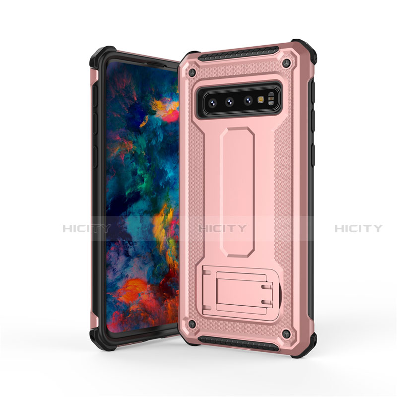 Silikon Hülle Handyhülle und Kunststoff Schutzhülle Tasche mit Ständer T01 für Samsung Galaxy S10 5G Rosegold Plus