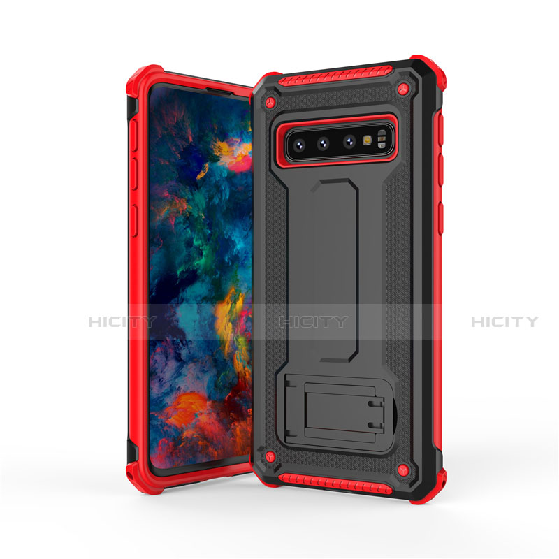 Silikon Hülle Handyhülle und Kunststoff Schutzhülle Tasche mit Ständer T01 für Samsung Galaxy S10 5G Rot und Schwarz Plus