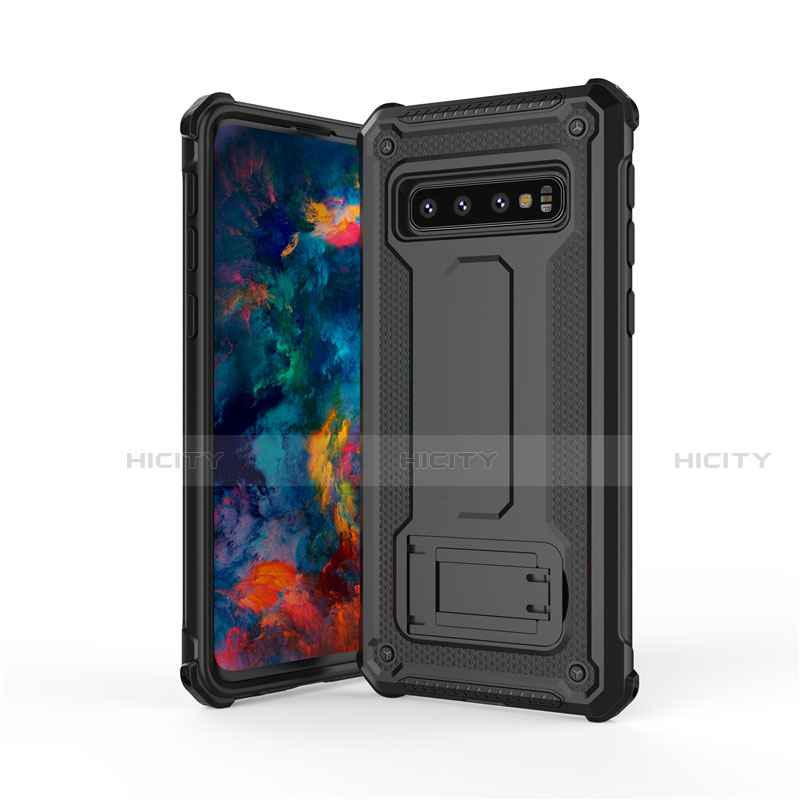 Silikon Hülle Handyhülle und Kunststoff Schutzhülle Tasche mit Ständer T01 für Samsung Galaxy S10 5G Schwarz Plus