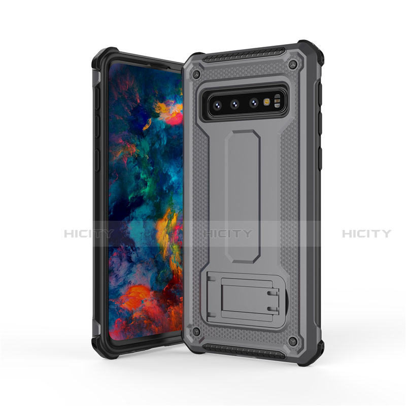 Silikon Hülle Handyhülle und Kunststoff Schutzhülle Tasche mit Ständer T01 für Samsung Galaxy S10 Grau Plus