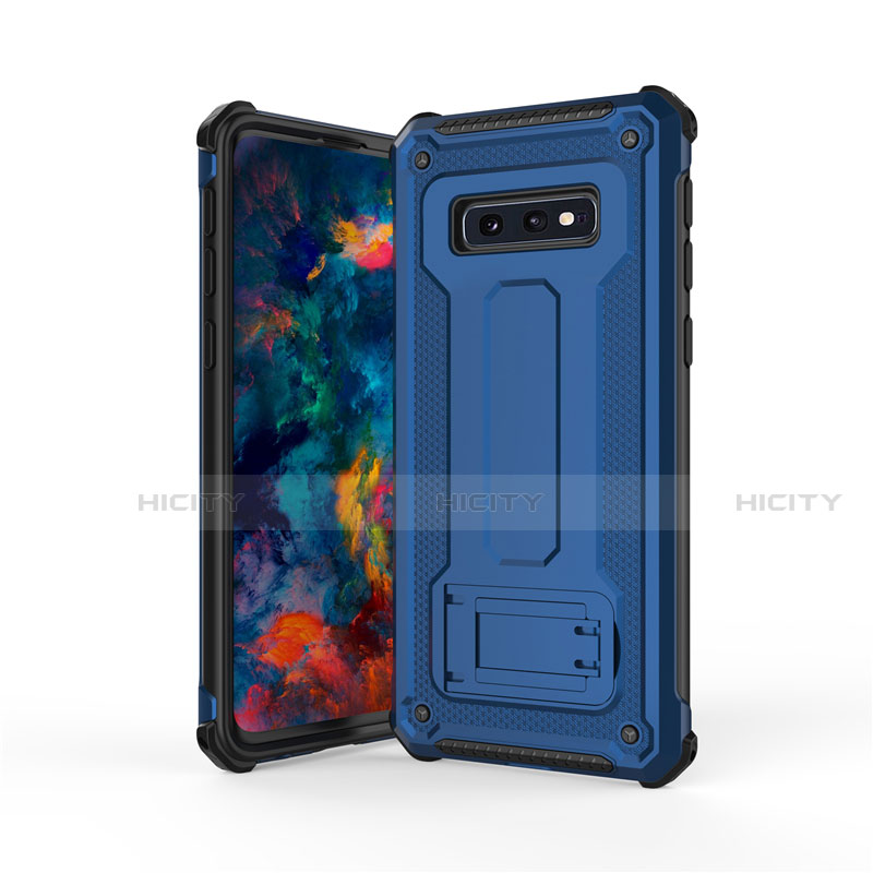 Silikon Hülle Handyhülle und Kunststoff Schutzhülle Tasche mit Ständer T01 für Samsung Galaxy S10e Blau und Schwarz Plus