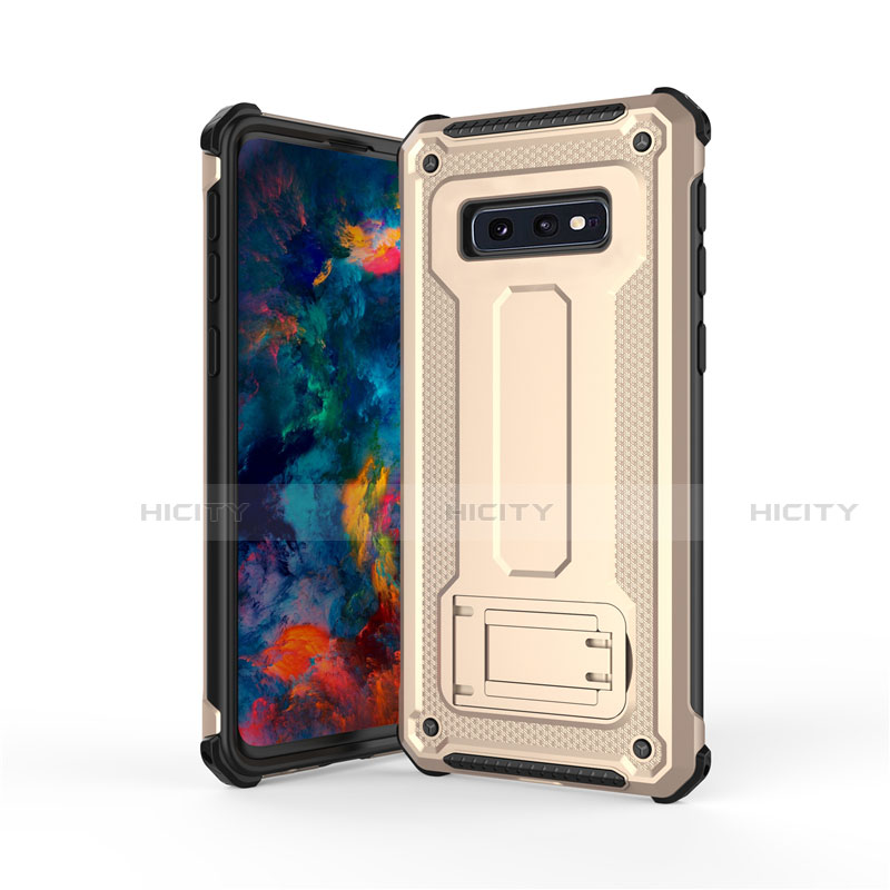 Silikon Hülle Handyhülle und Kunststoff Schutzhülle Tasche mit Ständer T01 für Samsung Galaxy S10e Gold und Schwarz Plus