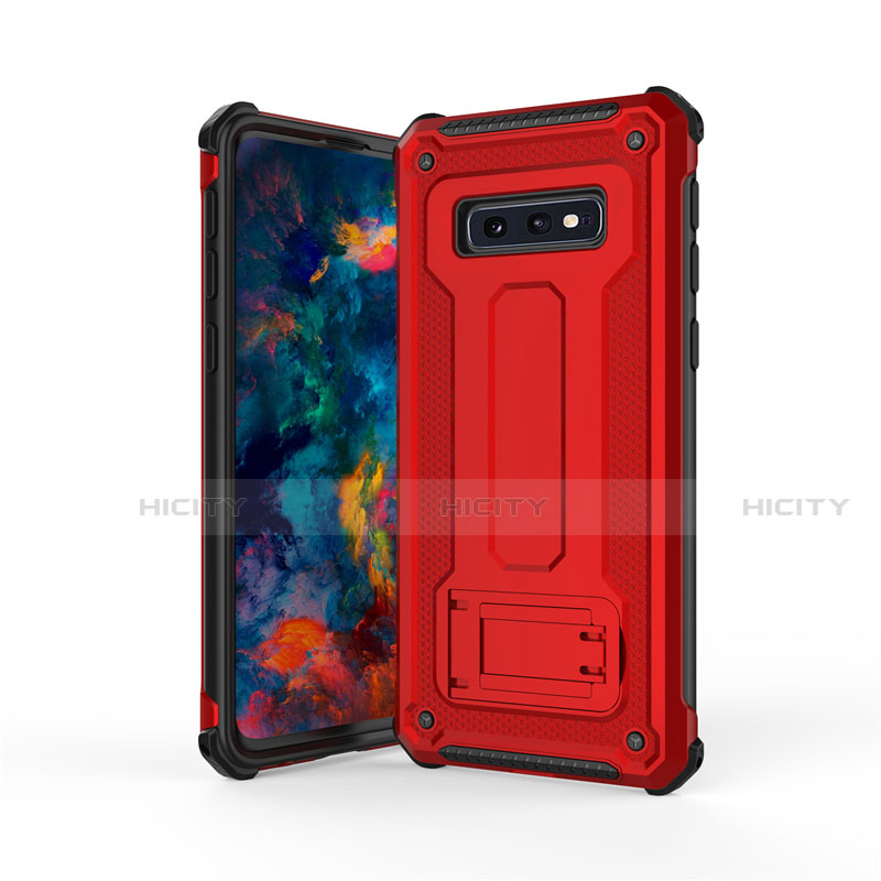 Silikon Hülle Handyhülle und Kunststoff Schutzhülle Tasche mit Ständer T01 für Samsung Galaxy S10e Rot