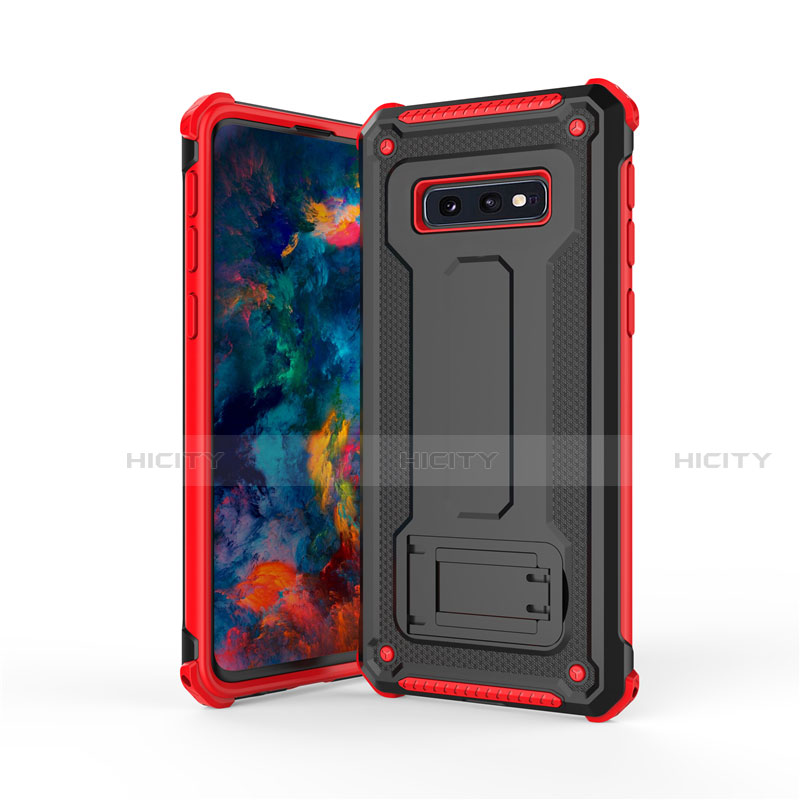 Silikon Hülle Handyhülle und Kunststoff Schutzhülle Tasche mit Ständer T01 für Samsung Galaxy S10e Rot und Schwarz