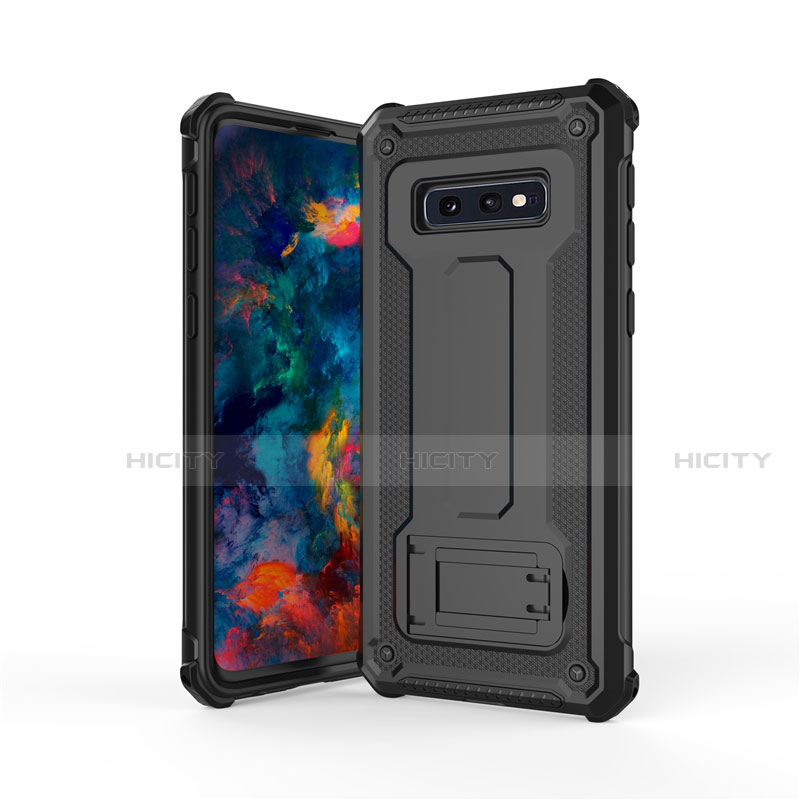 Silikon Hülle Handyhülle und Kunststoff Schutzhülle Tasche mit Ständer T01 für Samsung Galaxy S10e Schwarz Plus