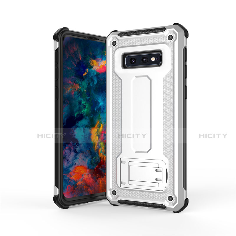 Silikon Hülle Handyhülle und Kunststoff Schutzhülle Tasche mit Ständer T01 für Samsung Galaxy S10e Silber