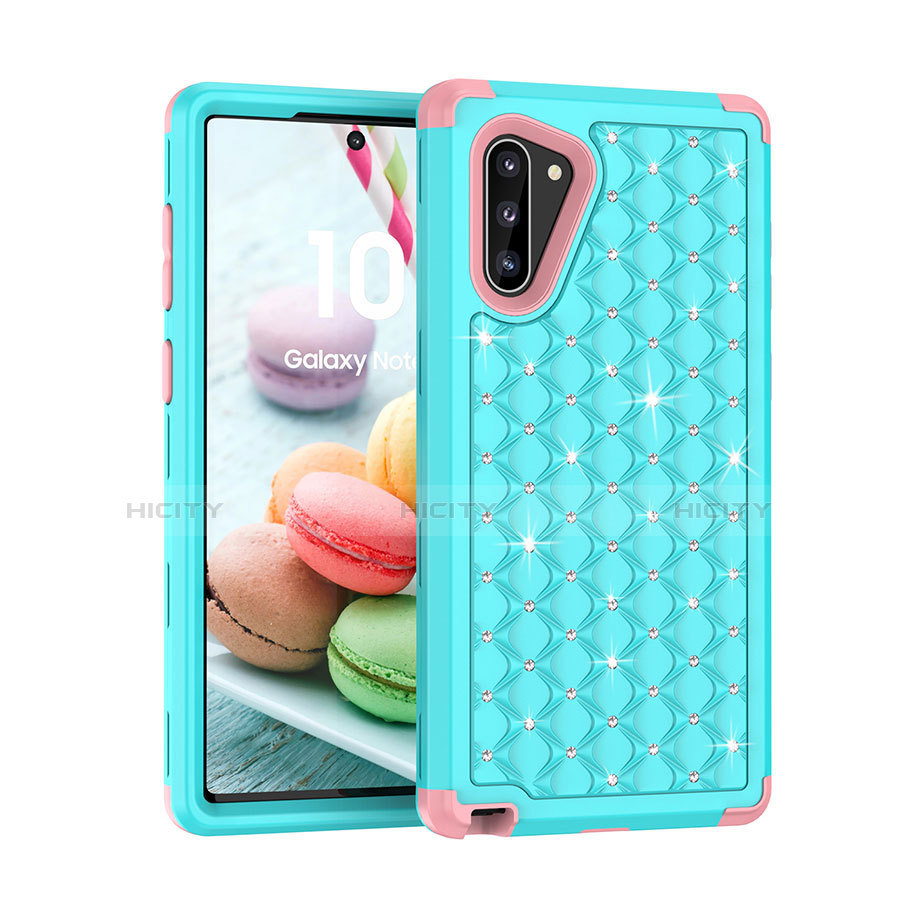 Silikon Hülle Handyhülle und Kunststoff Schutzhülle Tasche Vorder und Rückseite 360 Grad Bling-Bling U01 für Samsung Galaxy Note 10 Cyan