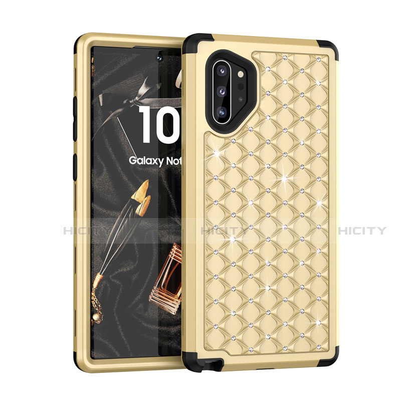 Silikon Hülle Handyhülle und Kunststoff Schutzhülle Tasche Vorder und Rückseite 360 Grad Bling-Bling U01 für Samsung Galaxy Note 10 Plus 5G Gold und Schwarz