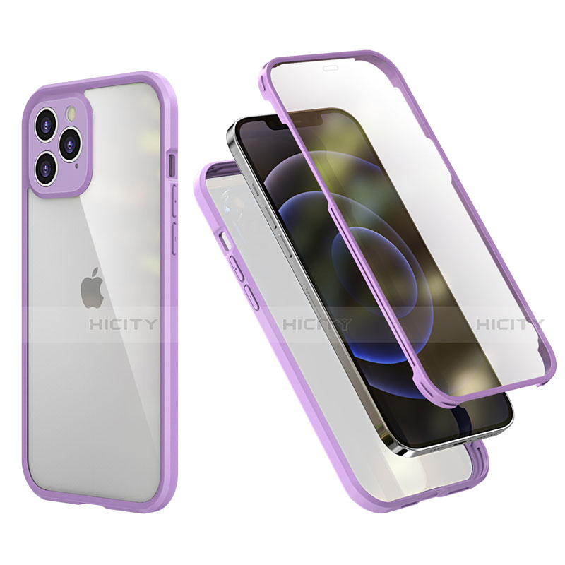 Silikon Hülle Handyhülle und Kunststoff Schutzhülle Tasche Vorder und Rückseite 360 Grad Ganzkörper R05 für Apple iPhone 12 Pro Max Helles Lila Plus