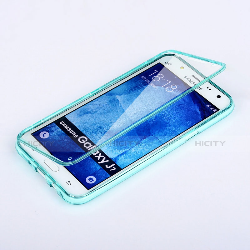 Silikon Schutzhülle Flip Tasche Durchsichtig Transparent für Samsung Galaxy J7 SM-J700F J700H Hellblau