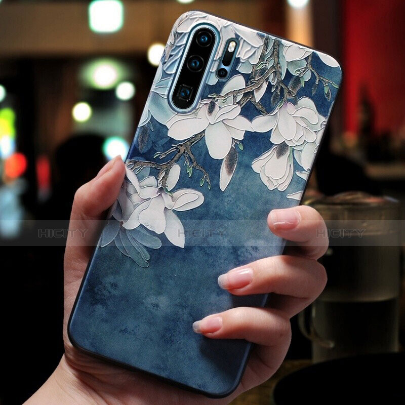 Silikon Schutzhülle Gummi Tasche Blumen für Huawei P30 Pro Blau