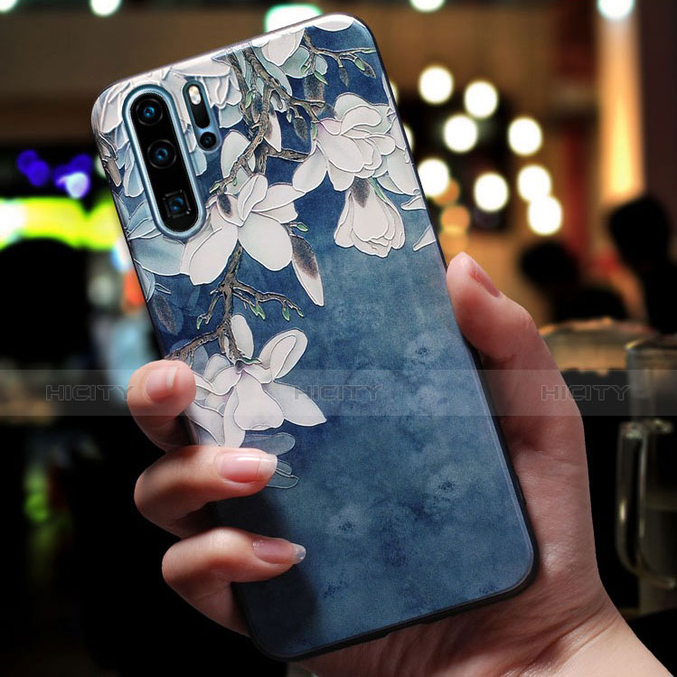 Silikon Schutzhülle Gummi Tasche Blumen für Huawei P30 Pro New Edition Blau