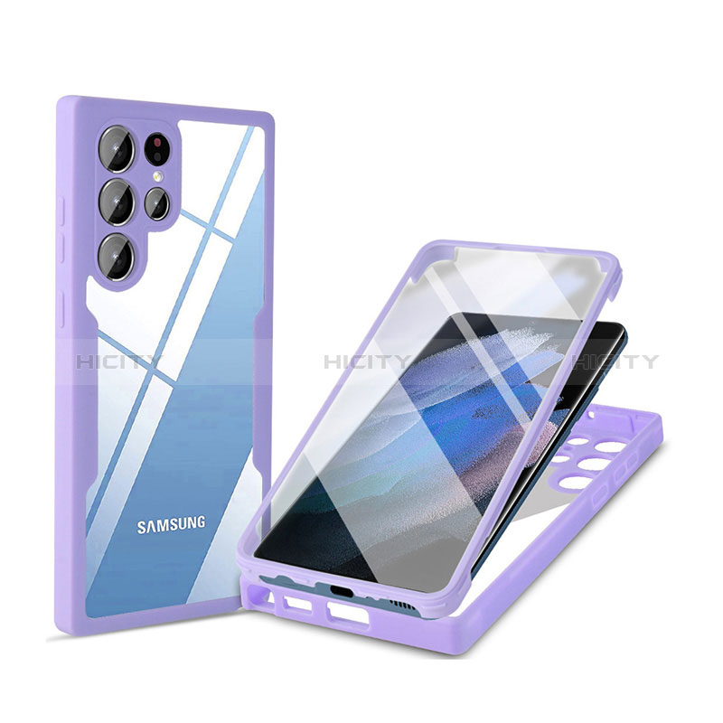 Silikon Schutzhülle Rahmen Tasche Hülle Durchsichtig Transparent 360 Grad Ganzkörper M01 für Samsung Galaxy S24 Ultra 5G Violett Plus