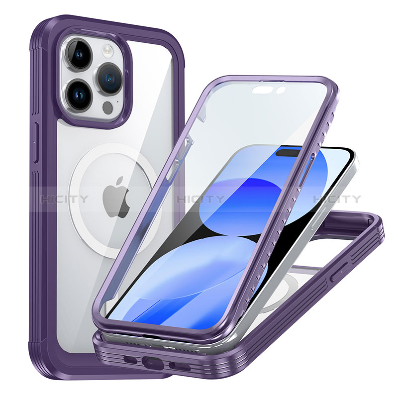 Silikon Schutzhülle Rahmen Tasche Hülle Durchsichtig Transparent 360 Grad Ganzkörper mit Mag-Safe Magnetic Magnetisch AC1 für Apple iPhone 13 Pro Violett Plus