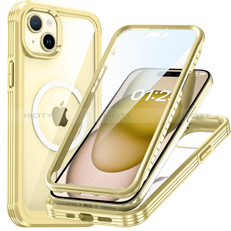 Silikon Schutzhülle Rahmen Tasche Hülle Durchsichtig Transparent 360 Grad Ganzkörper mit Mag-Safe Magnetic Magnetisch T01 für Apple iPhone 14 Gold