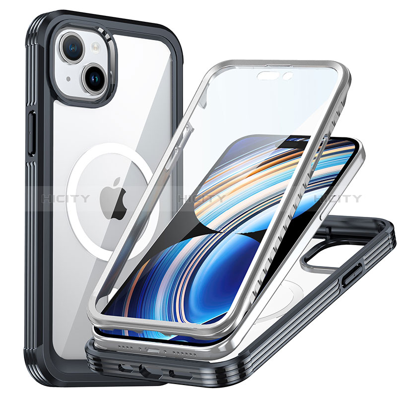 Silikon Schutzhülle Rahmen Tasche Hülle Durchsichtig Transparent 360 Grad Ganzkörper mit Mag-Safe Magnetic Magnetisch T01 für Apple iPhone 14 Plus Schwarz