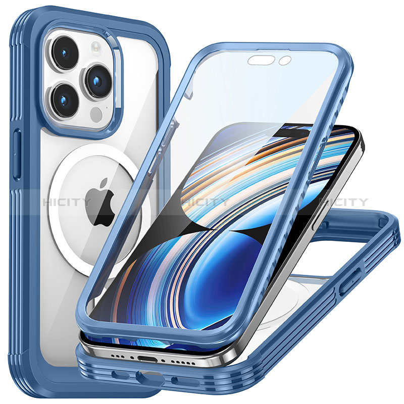 Silikon Schutzhülle Rahmen Tasche Hülle Durchsichtig Transparent 360 Grad Ganzkörper mit Mag-Safe Magnetic Magnetisch T01 für Apple iPhone 14 Pro Blau