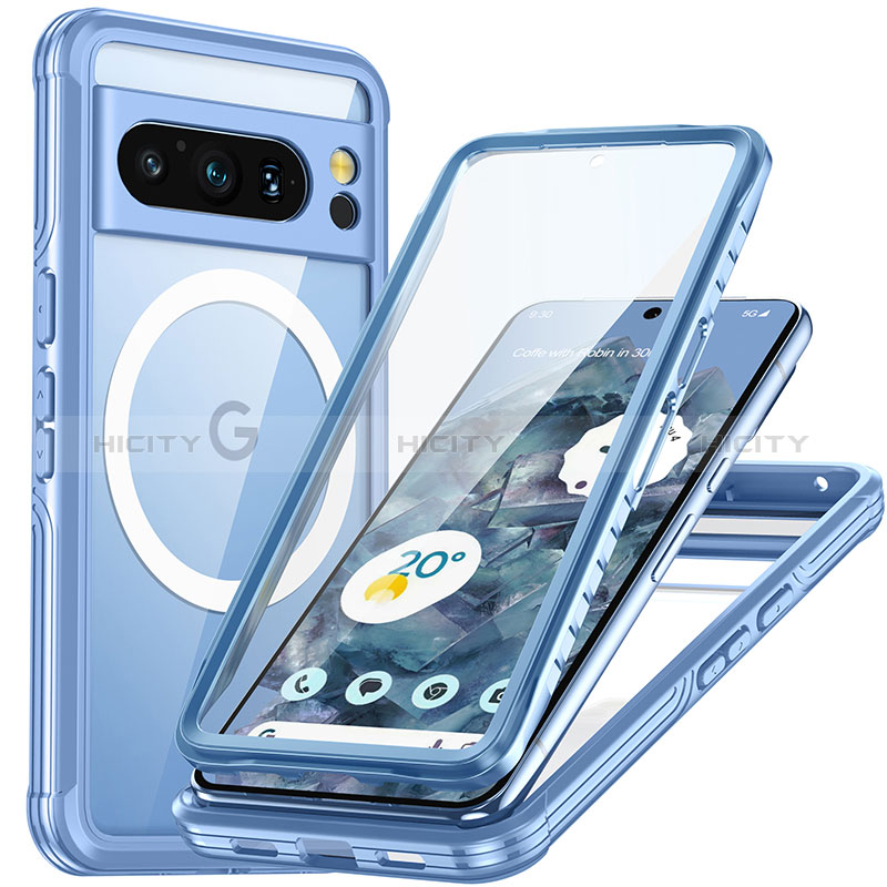 Silikon Schutzhülle Rahmen Tasche Hülle Durchsichtig Transparent 360 Grad Ganzkörper mit Mag-Safe Magnetic Magnetisch T01 für Google Pixel 8 Pro 5G Blau Plus