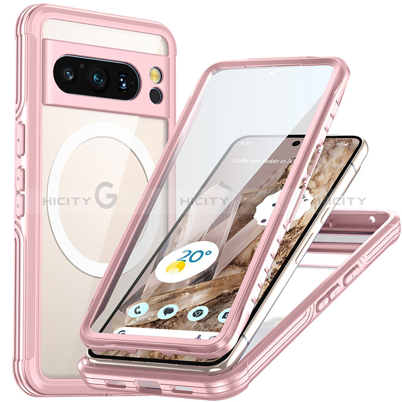 Silikon Schutzhülle Rahmen Tasche Hülle Durchsichtig Transparent 360 Grad Ganzkörper mit Mag-Safe Magnetic Magnetisch T01 für Google Pixel 8 Pro 5G Rosa Plus