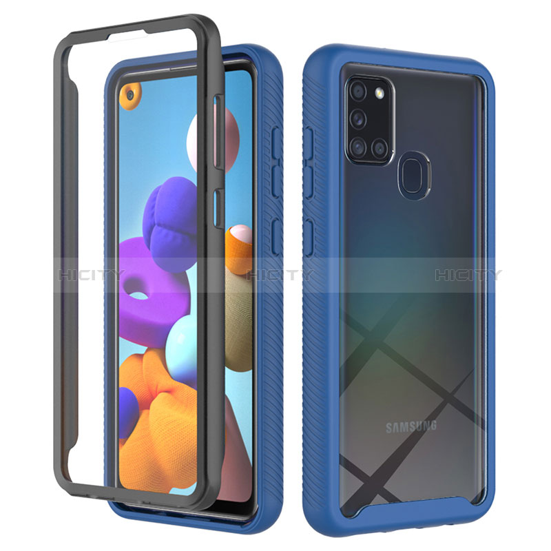 Silikon Schutzhülle Rahmen Tasche Hülle Durchsichtig Transparent 360 Grad Ganzkörper ZJ1 für Samsung Galaxy A21s Blau