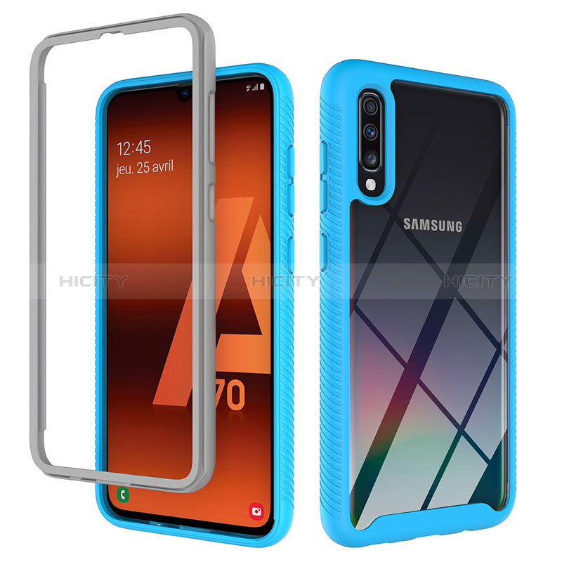 Silikon Schutzhülle Rahmen Tasche Hülle Durchsichtig Transparent 360 Grad Ganzkörper ZJ1 für Samsung Galaxy A70 Hellblau