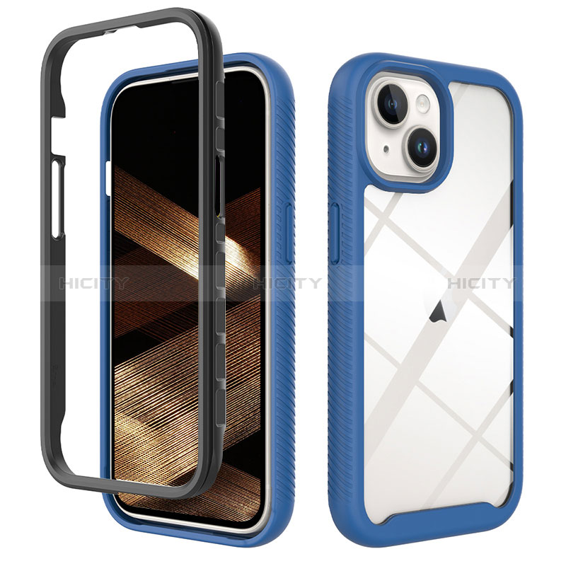 Silikon Schutzhülle Rahmen Tasche Hülle Durchsichtig Transparent 360 Grad Ganzkörper ZJ3 für Apple iPhone 14 Plus Blau Plus