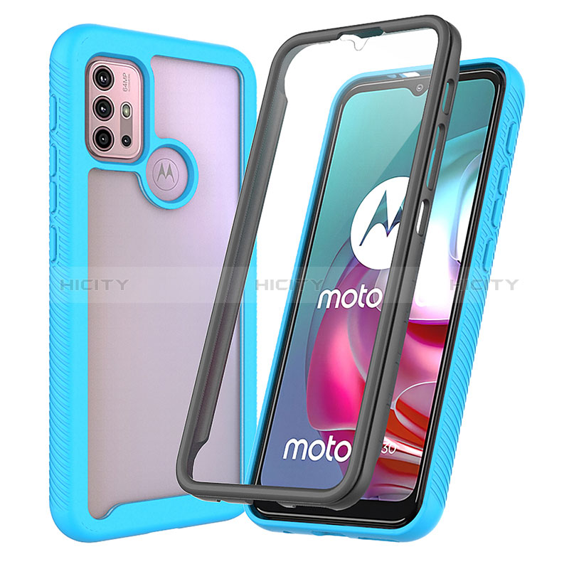 Silikon Schutzhülle Rahmen Tasche Hülle Durchsichtig Transparent 360 Grad Ganzkörper ZJ3 für Motorola Moto G10 Power Hellblau Plus