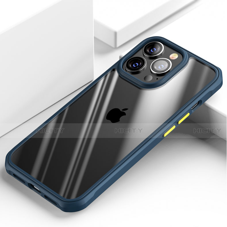 Silikon Schutzhülle Rahmen Tasche Hülle Durchsichtig Transparent Spiegel M03 für Apple iPhone 14 Pro Blau