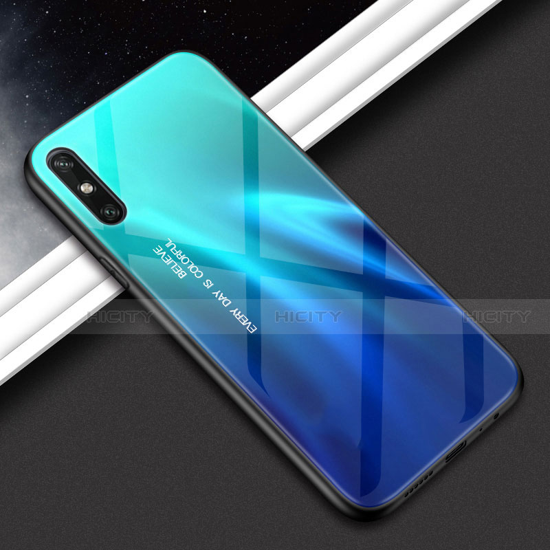 Silikon Schutzhülle Rahmen Tasche Hülle Spiegel Farbverlauf Regenbogen für Huawei Enjoy 10e Cyan