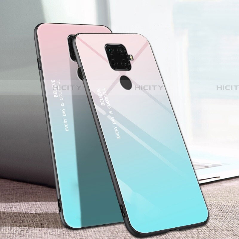 Silikon Schutzhülle Rahmen Tasche Hülle Spiegel Farbverlauf Regenbogen für Huawei Mate 30 Lite Cyan