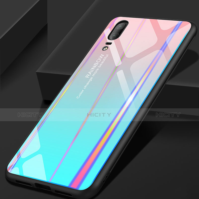 Silikon Schutzhülle Rahmen Tasche Hülle Spiegel Farbverlauf Regenbogen für Huawei P20 Cyan