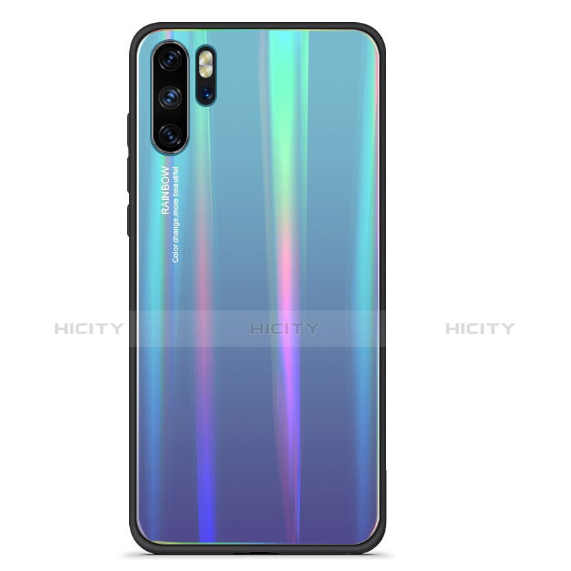 Silikon Schutzhülle Rahmen Tasche Hülle Spiegel Farbverlauf Regenbogen für Huawei P30 Pro Cyan