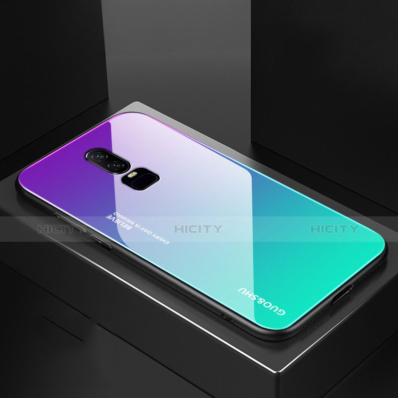 Silikon Schutzhülle Rahmen Tasche Hülle Spiegel Farbverlauf Regenbogen für OnePlus 6 Cyan