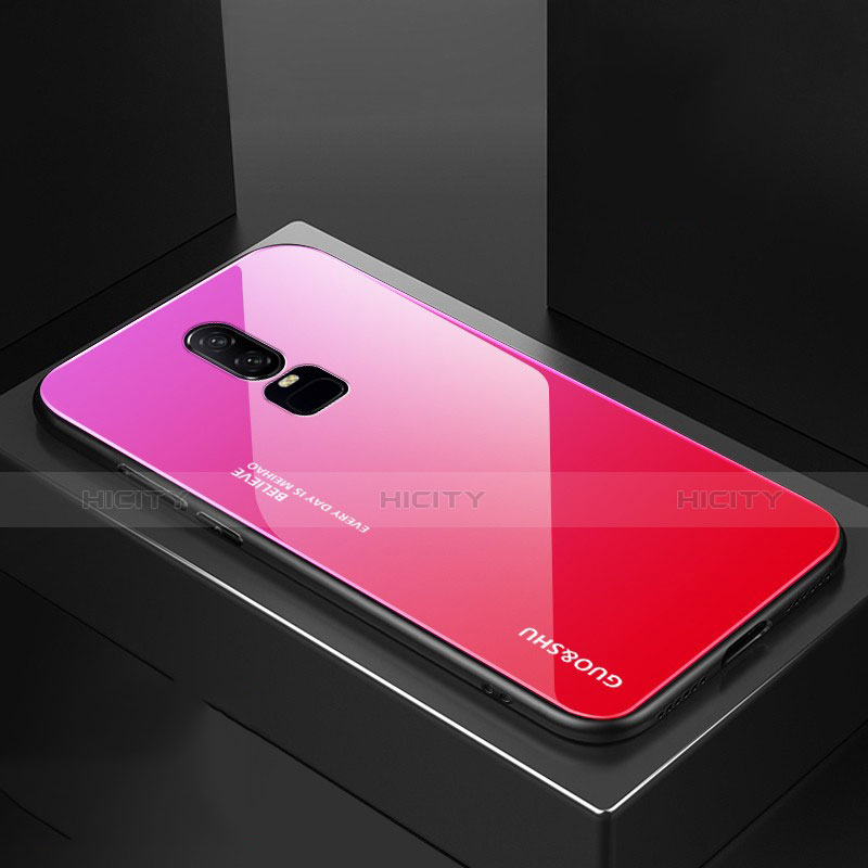 Silikon Schutzhülle Rahmen Tasche Hülle Spiegel Farbverlauf Regenbogen für OnePlus 6 Pink