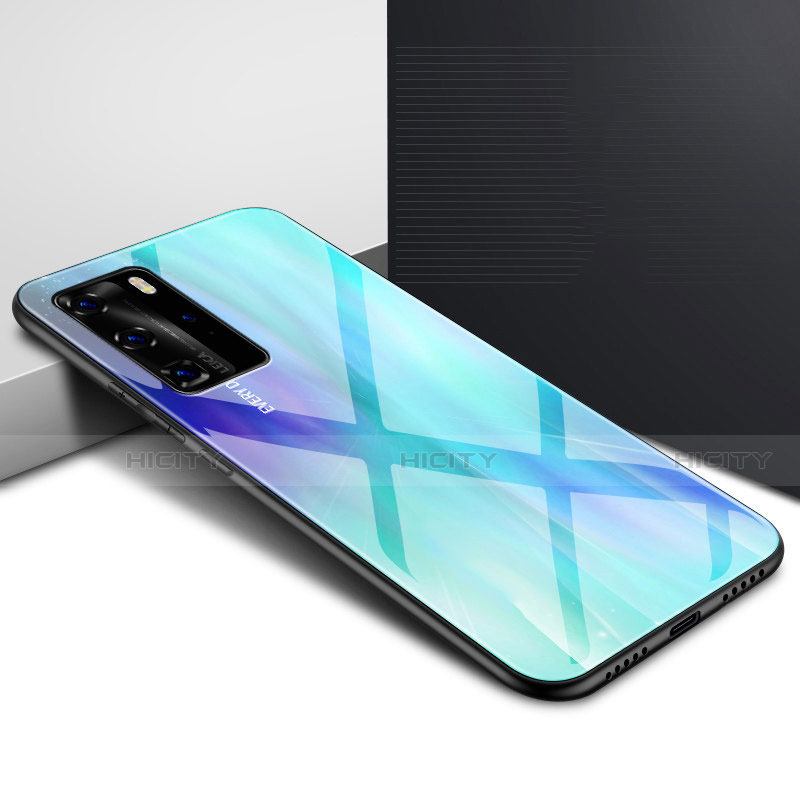 Silikon Schutzhülle Rahmen Tasche Hülle Spiegel Farbverlauf Regenbogen H01 für Huawei P40 Pro Cyan