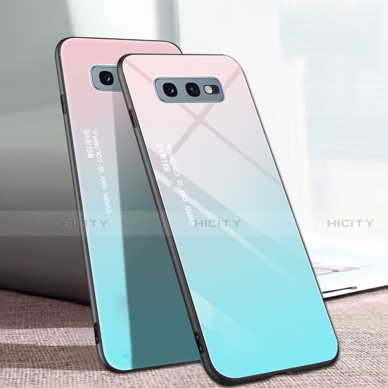 Silikon Schutzhülle Rahmen Tasche Hülle Spiegel Farbverlauf Regenbogen H02 für Samsung Galaxy S10e Cyan Plus