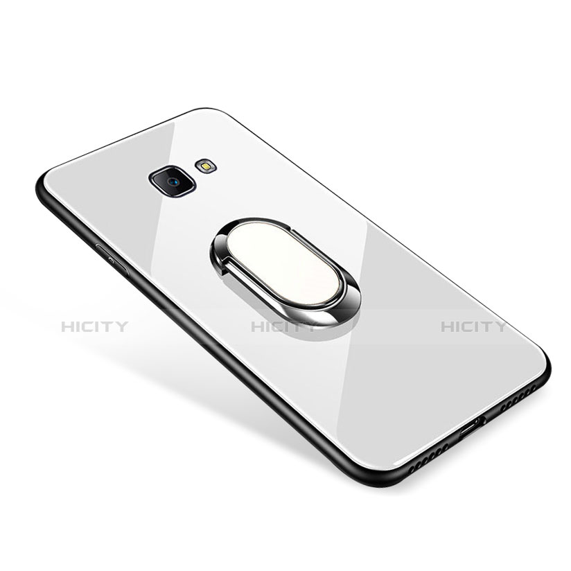 Silikon Schutzhülle Rahmen Tasche Hülle Spiegel mit Fingerring Ständer für Samsung Galaxy On7 (2016) G6100 Weiß