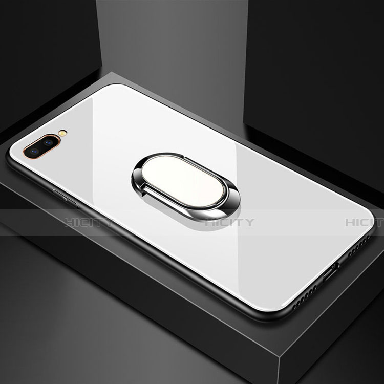 Silikon Schutzhülle Rahmen Tasche Hülle Spiegel mit Magnetisch Fingerring Ständer A01 für Oppo A5 Weiß Plus