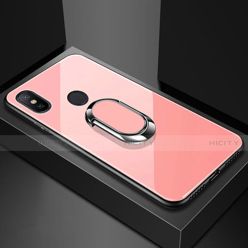 Silikon Schutzhülle Rahmen Tasche Hülle Spiegel mit Magnetisch Fingerring Ständer A01 für Xiaomi Redmi 6 Pro Rosegold