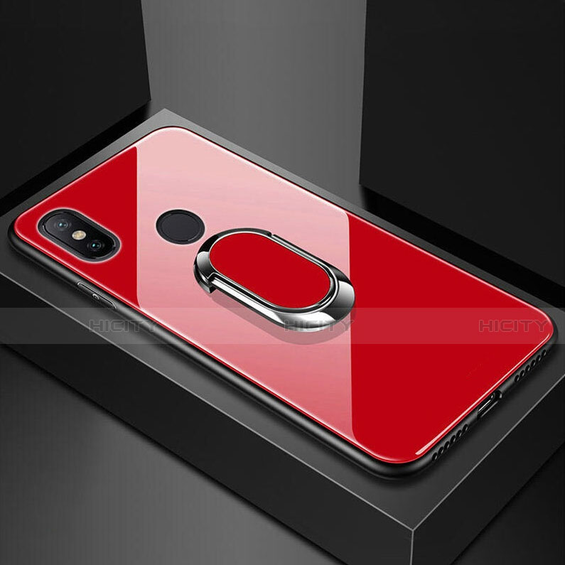 Silikon Schutzhülle Rahmen Tasche Hülle Spiegel mit Magnetisch Fingerring Ständer A01 für Xiaomi Redmi 6 Pro Rot