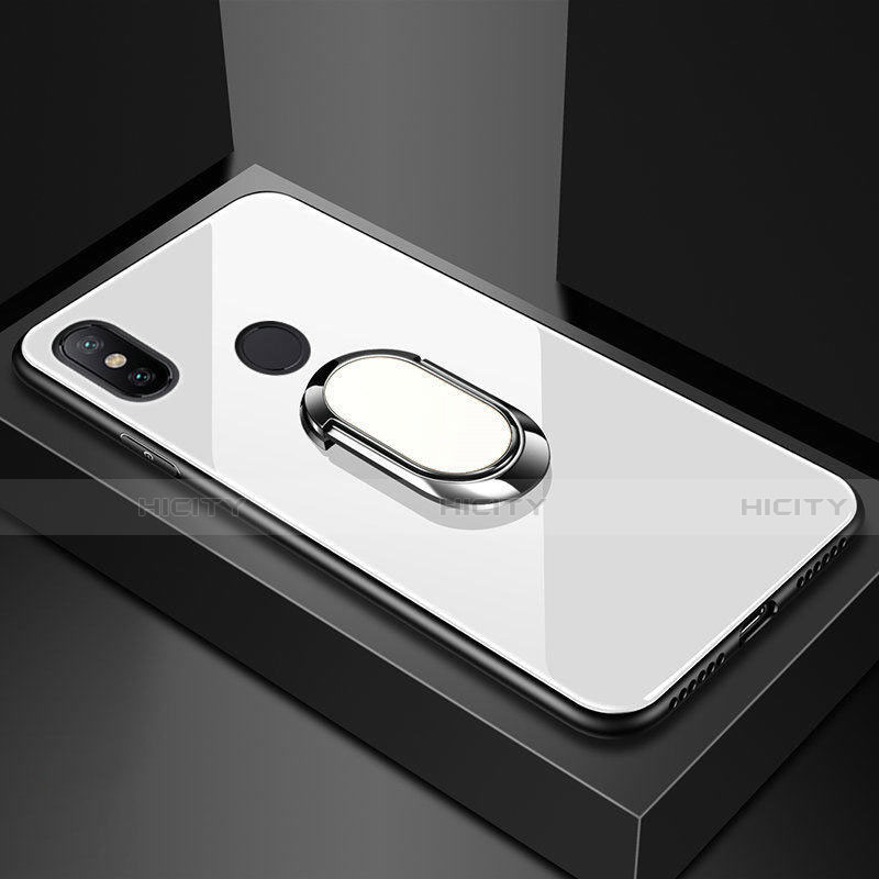 Silikon Schutzhülle Rahmen Tasche Hülle Spiegel mit Magnetisch Fingerring Ständer A01 für Xiaomi Redmi 6 Pro Weiß