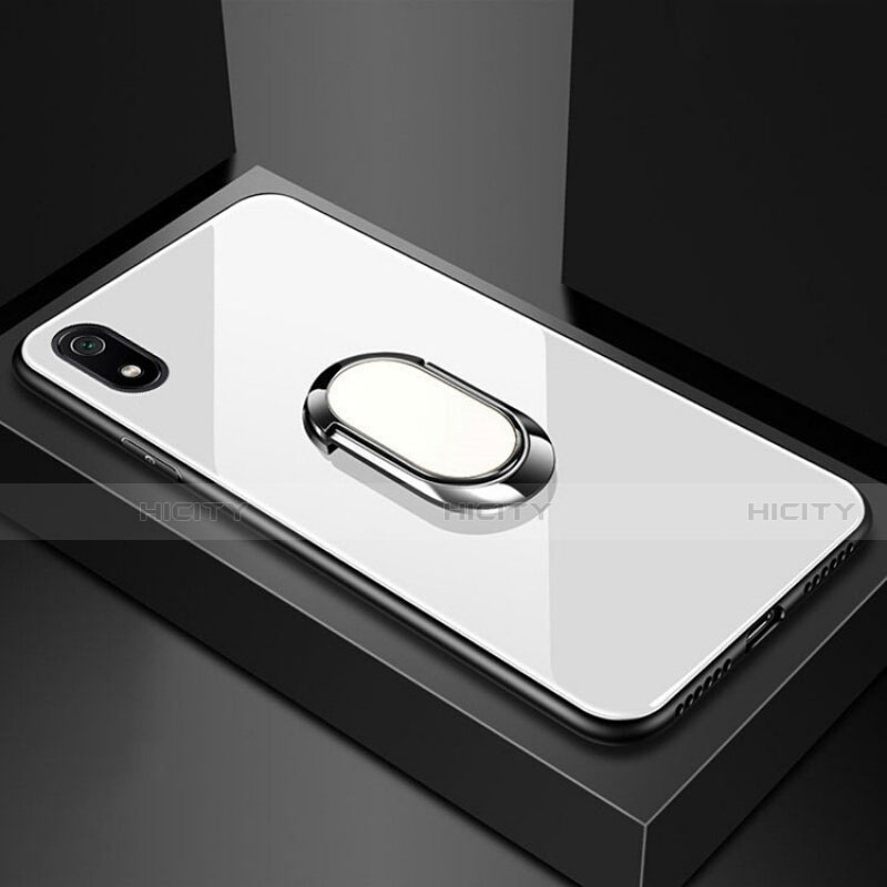 Silikon Schutzhülle Rahmen Tasche Hülle Spiegel mit Magnetisch Fingerring Ständer A01 für Xiaomi Redmi 7A Weiß