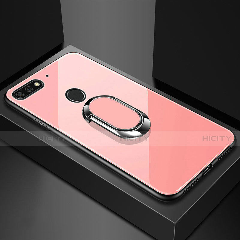 Silikon Schutzhülle Rahmen Tasche Hülle Spiegel mit Magnetisch Fingerring Ständer für Huawei Enjoy 8e Rosegold