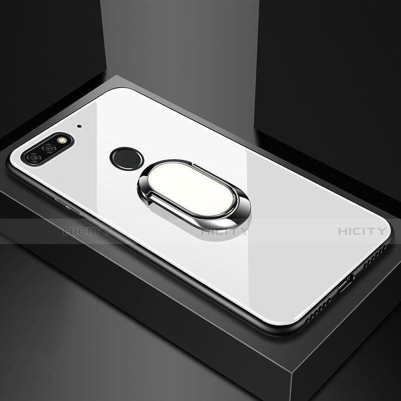 Silikon Schutzhülle Rahmen Tasche Hülle Spiegel mit Magnetisch Fingerring Ständer für Huawei Enjoy 8e Weiß