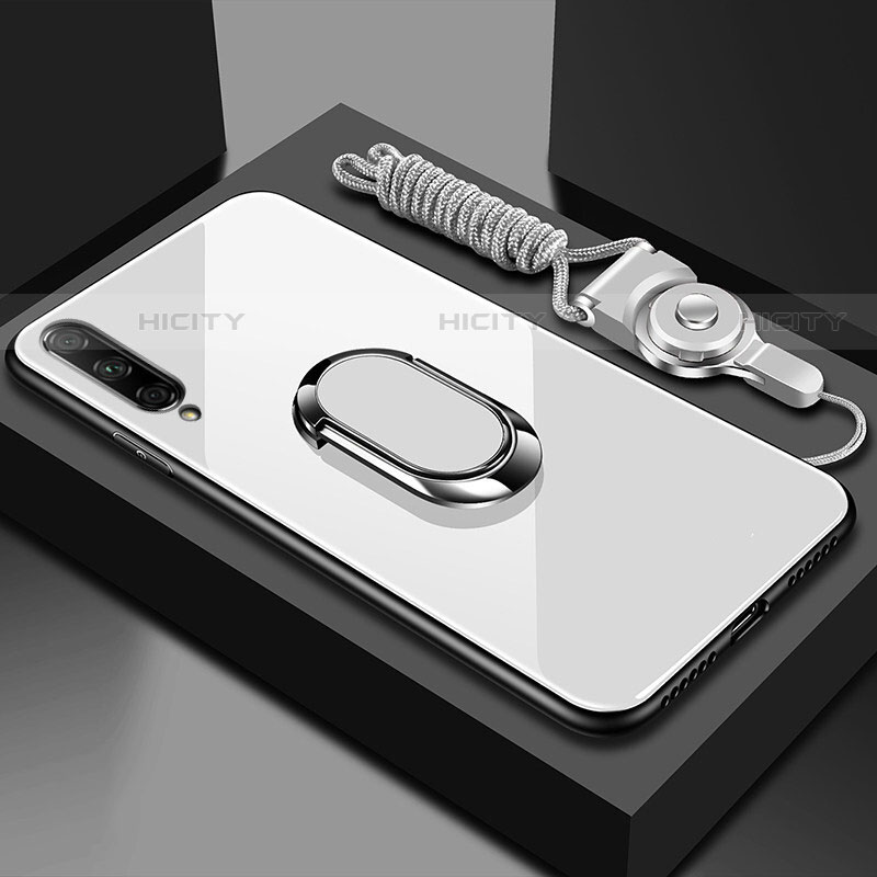 Silikon Schutzhülle Rahmen Tasche Hülle Spiegel mit Magnetisch Fingerring Ständer für Huawei P Smart Pro (2019) Weiß