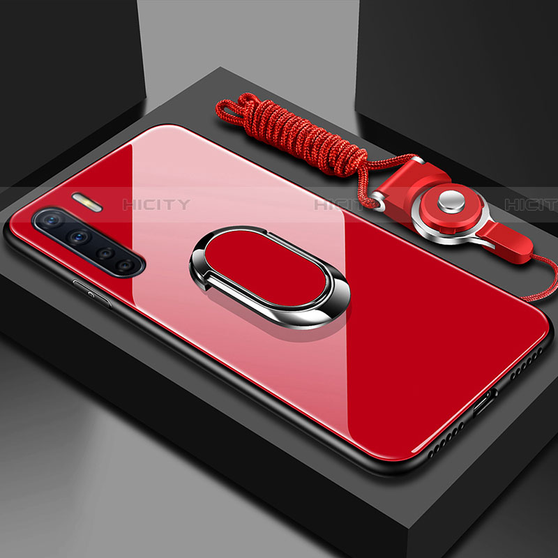 Silikon Schutzhülle Rahmen Tasche Hülle Spiegel mit Magnetisch Fingerring Ständer für Oppo A91 Rot