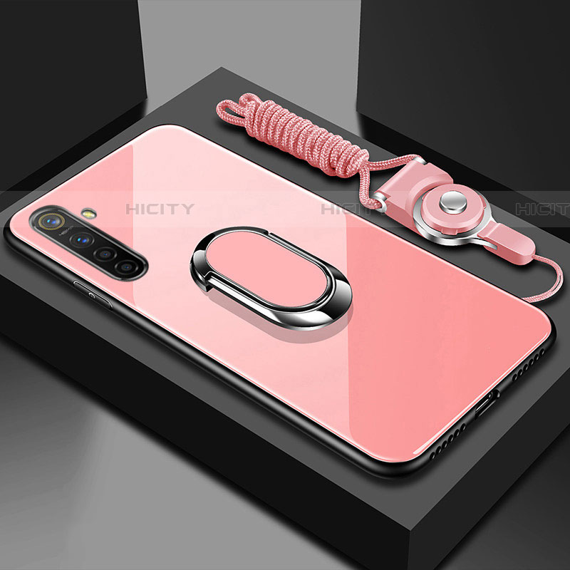 Silikon Schutzhülle Rahmen Tasche Hülle Spiegel mit Magnetisch Fingerring Ständer für Oppo K5 Rosa