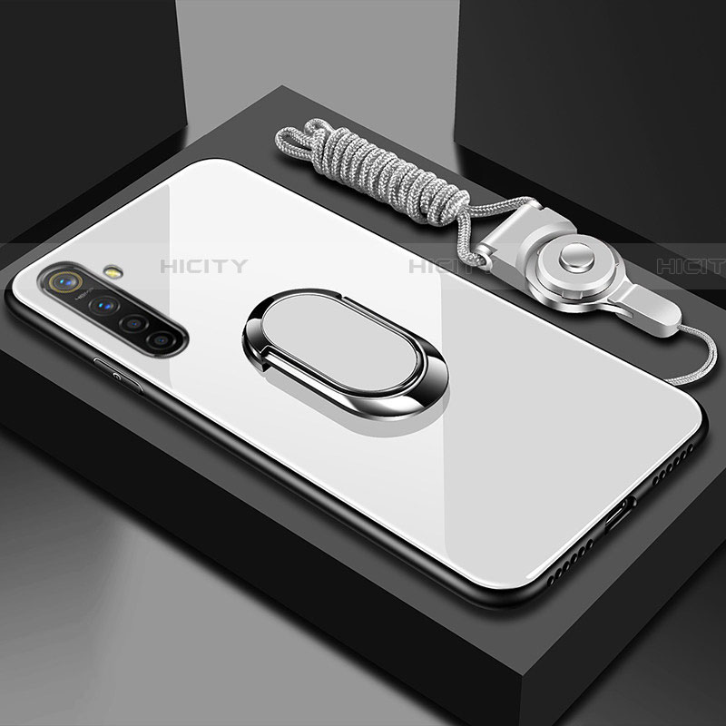 Silikon Schutzhülle Rahmen Tasche Hülle Spiegel mit Magnetisch Fingerring Ständer für Oppo K5 Weiß Plus
